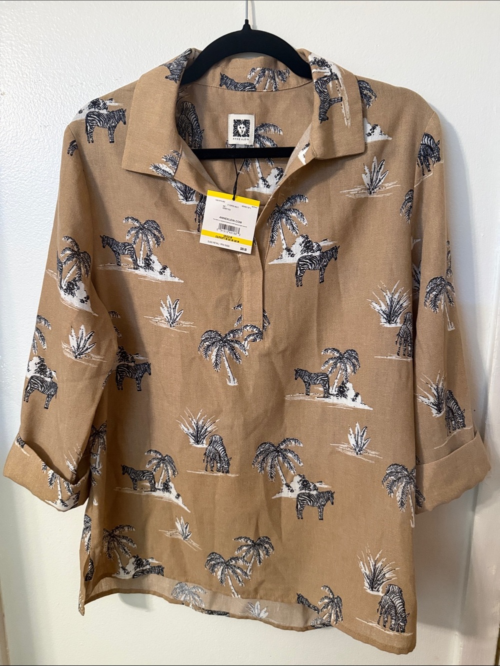 Anne Klein Tan Button-Down Shirt with Navy Zebra & Palm Print